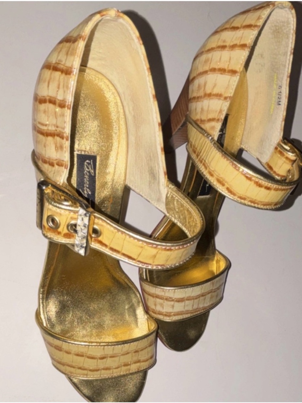 Beverly Feldman Gold Croc-Embossed Strappy Heels